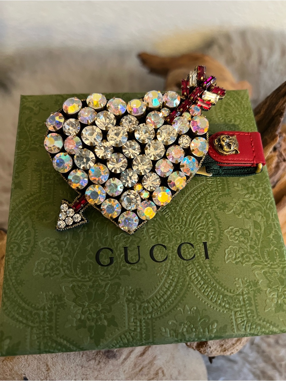 Gucci Crystal Heart Arrow Web Bracelet Green & Red Authentic